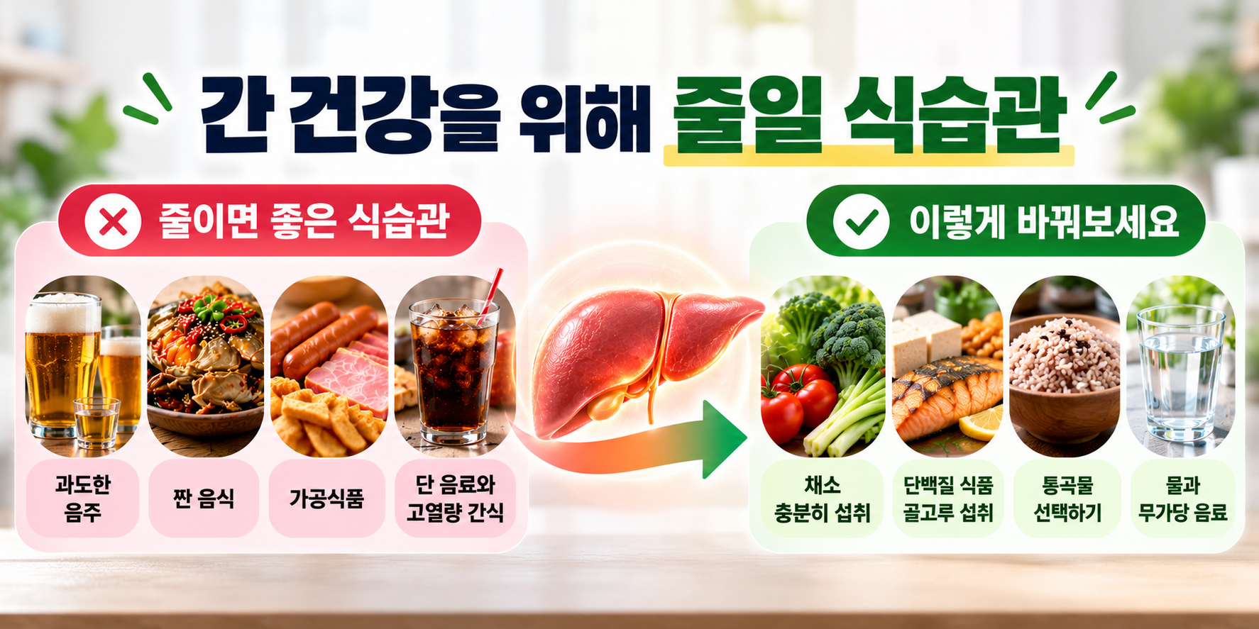 간 건강을 위해 줄이면 좋은 식습관과 채소&middot;단백질&middot;통곡물 중심의 건강한 식사 비교