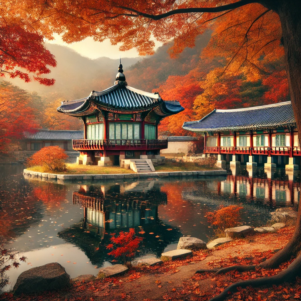 창덕궁의 전통 건축물과 붉고 노란 단풍이 어우러진 가을 풍경