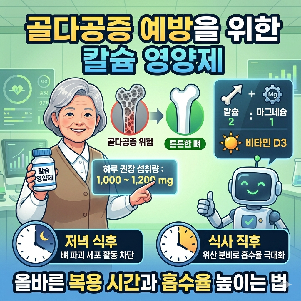 골다공증 예방을 위한 칼슘 영양제의 하루 권장량, 흡수율 높이는 복용 시간 및 마그네슘과 비타민 D 배합 비율을 요약한 썸네일