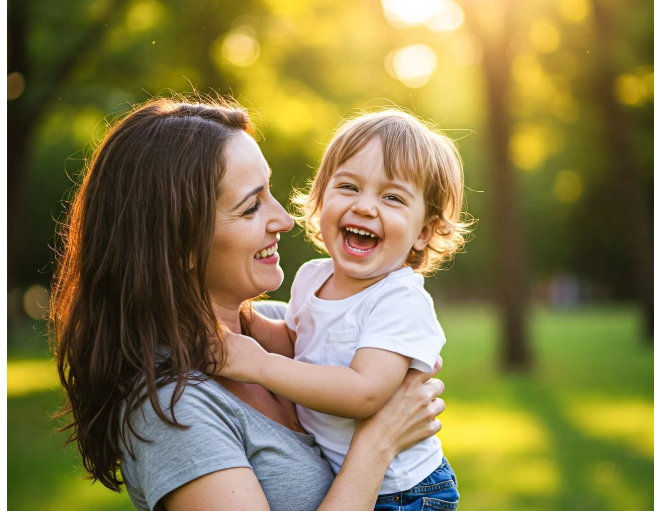 햇살 속에서 행복하게 웃는 엄마와 아이