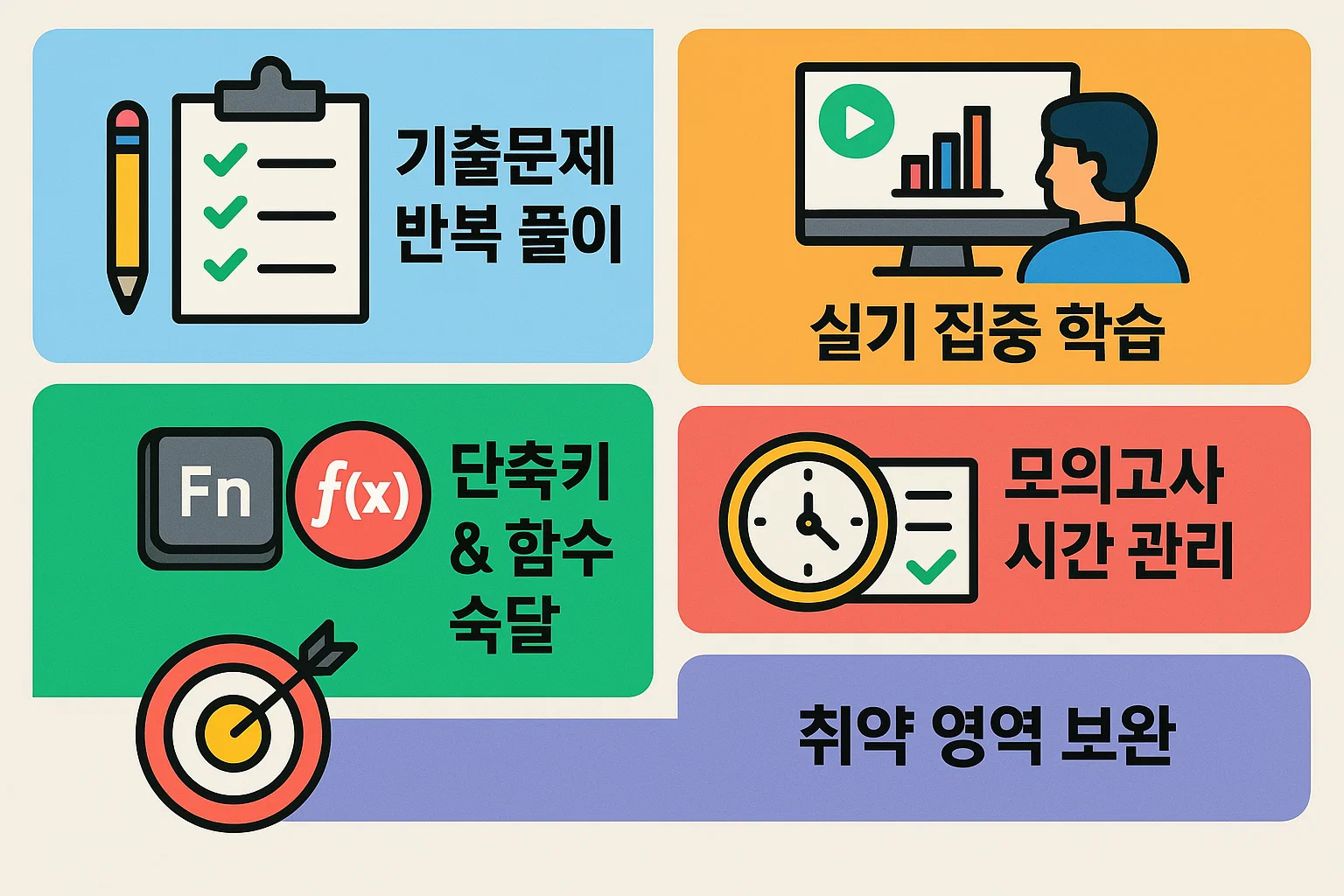컴활2급 시험 합격을 위해 기출문제 반복 학습, 실기 집중 학습, 단축키와 함수 숙달, 모의고사 시간 관리, 취약 영역 보완 전략을 정리한 학습법 안내 이미지