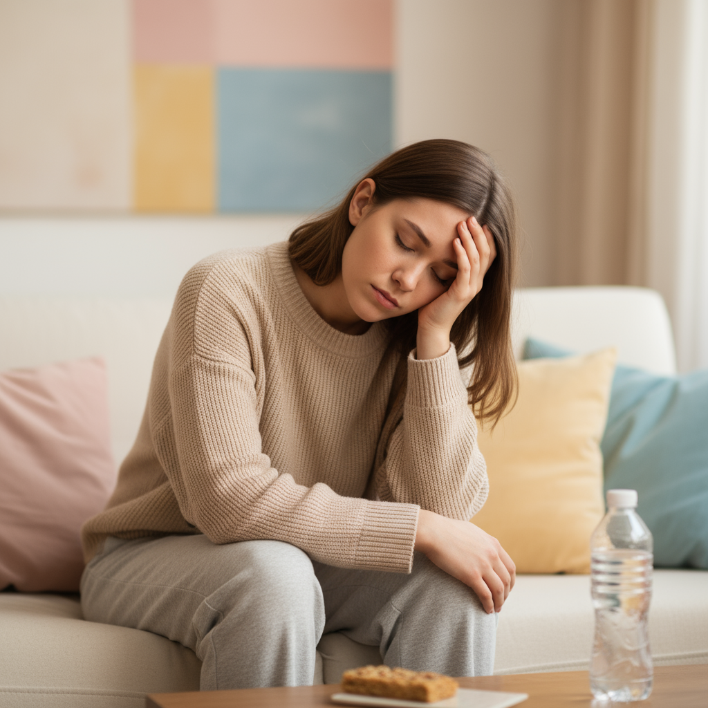 alt="소파에 앉아 이마를 짚고 피곤해 보이는 여성의 모습, 저혈당 증상 표현 ❘ Woman sitting on sofa holding forehead, looking fatigued, representing hypoglycemia"
