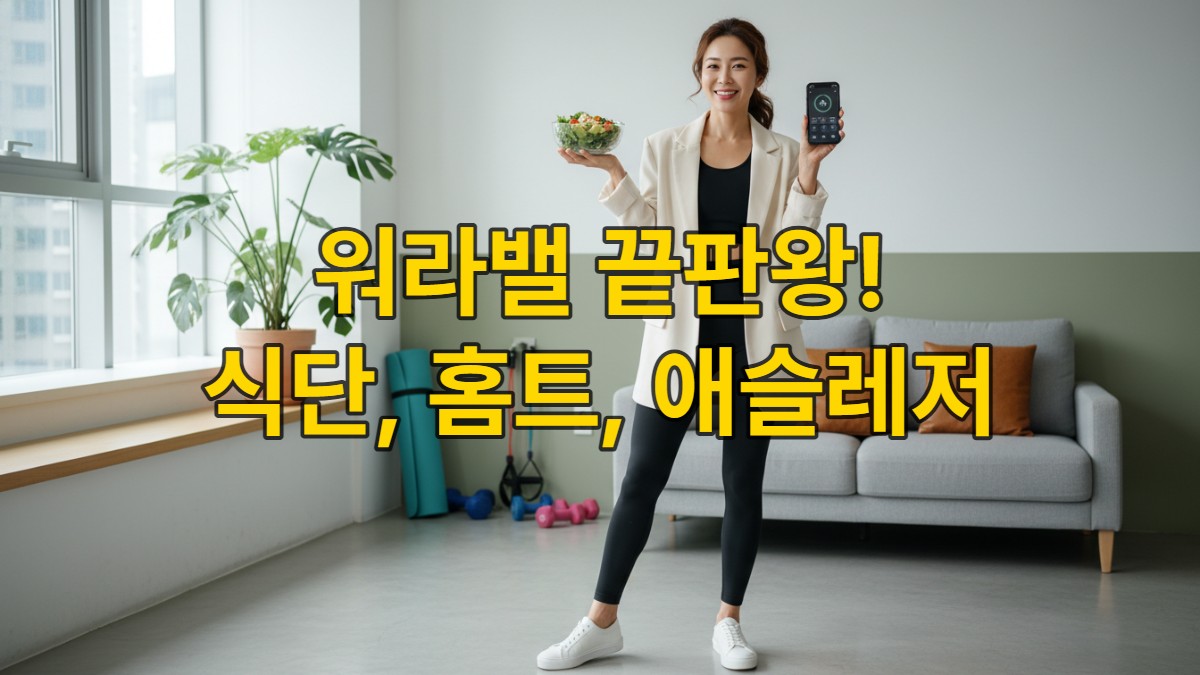 스마트폰과 샐러드를 들고 홈트 공간에 서 있는 현대 한국 여성. 애슬레저 복장으로 워라밸을 즐기는 모습.