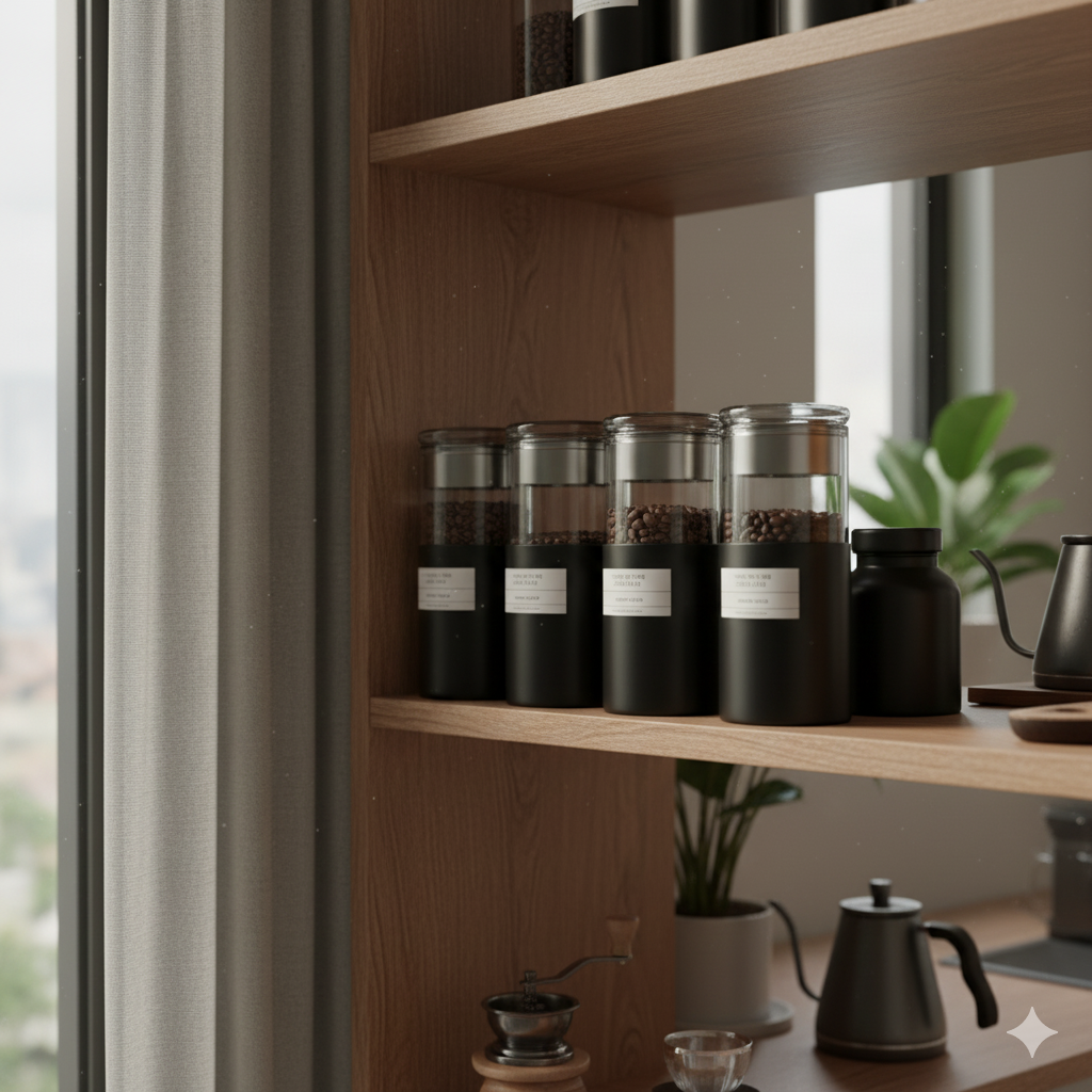 진공 밀폐용기에 담긴 신선한 원두를 햇빛 차단된 선반에 보관하는 모습(이미지 생성:google)