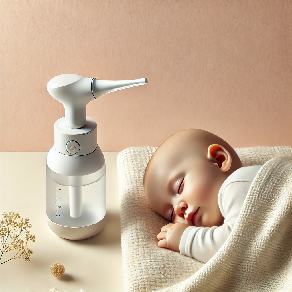 깔끔하고 부드러운 분위기의 콧물흡입기와 아기가 함께 있는 장면