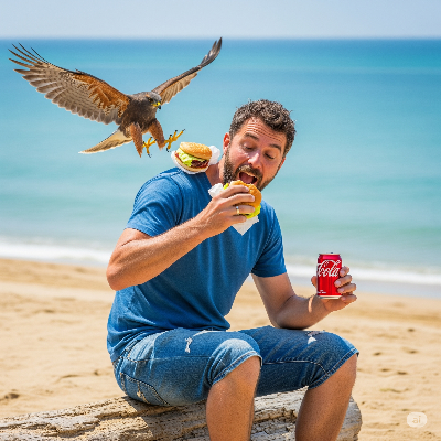 매가 남자의 햄버거를 훔치는 사진