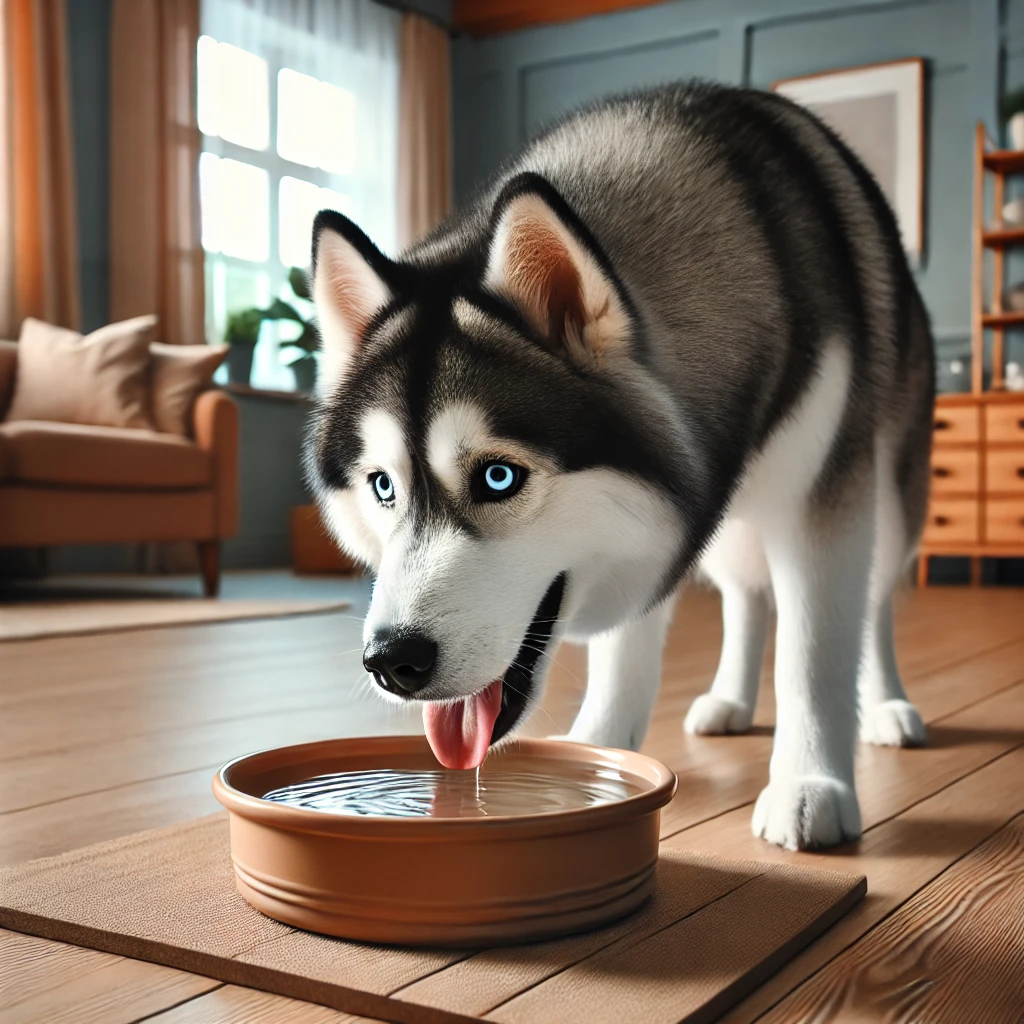 실내에서 도자기 그릇으로 물을 마시는 시베리안 허스키, 푸른 눈 강조