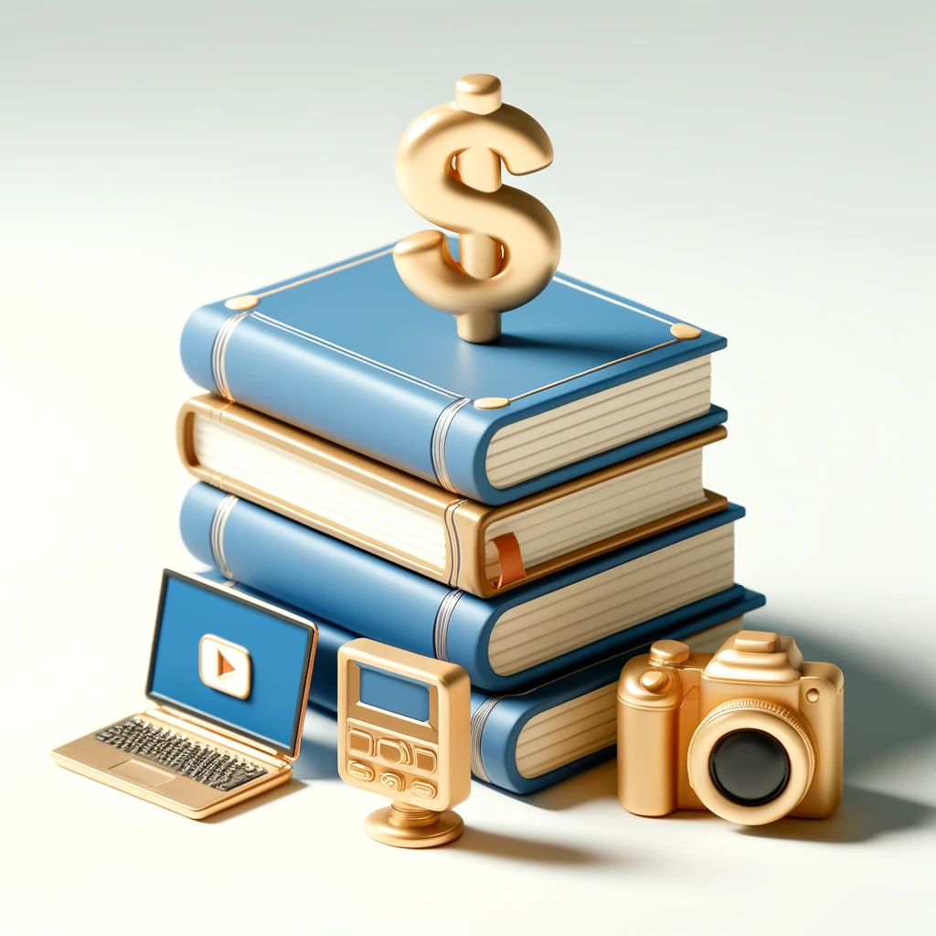 A 3D image depicting a stack of books, with a small golden dollar sign on top.