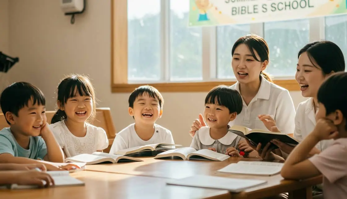 따뜻한 햇살이 비치는 교회에서 젊은 선생님과 아이들이 함께 모여 '2025 여름성경학교' 성경 공부를 하며 행복하게 웃고 있는 모습: 이 이미지는 다음 세대가 믿음 안에서 즐겁게 성장하는 여름성경학교의 긍정적인 분위기를 보여줍니다.