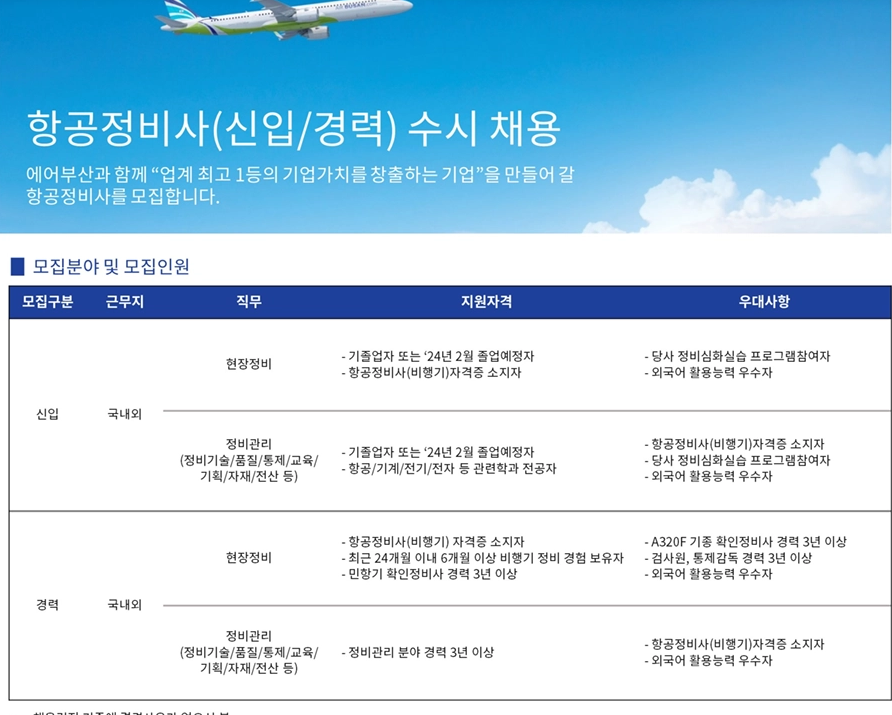 에어부산 항공정비사 스펙