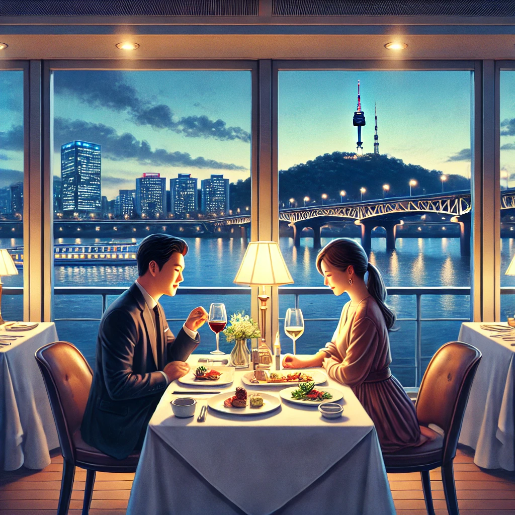 한강 크루즈에서 데이트를 즐기는 커플의 모습을 그린 이미지