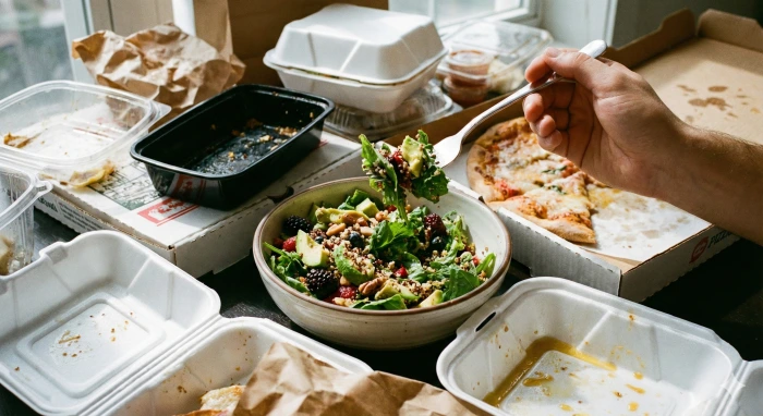 여러 배달 음식 용기들 사이에 놓인 신선한 샐러드 그릇에서 포크로 건강한 음식을 집는 손을 클로즈업한 사진