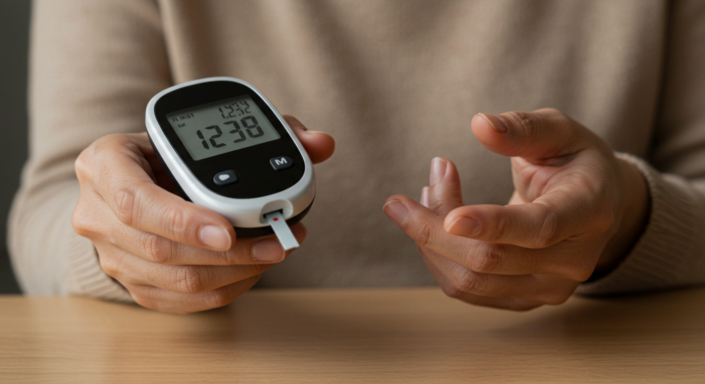 혈당 체크기로 혈당 체크하는 모습