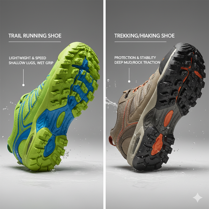 트레일 러닝 및 계곡 트레킹 신발 비교 컷 (바닥면 강조)