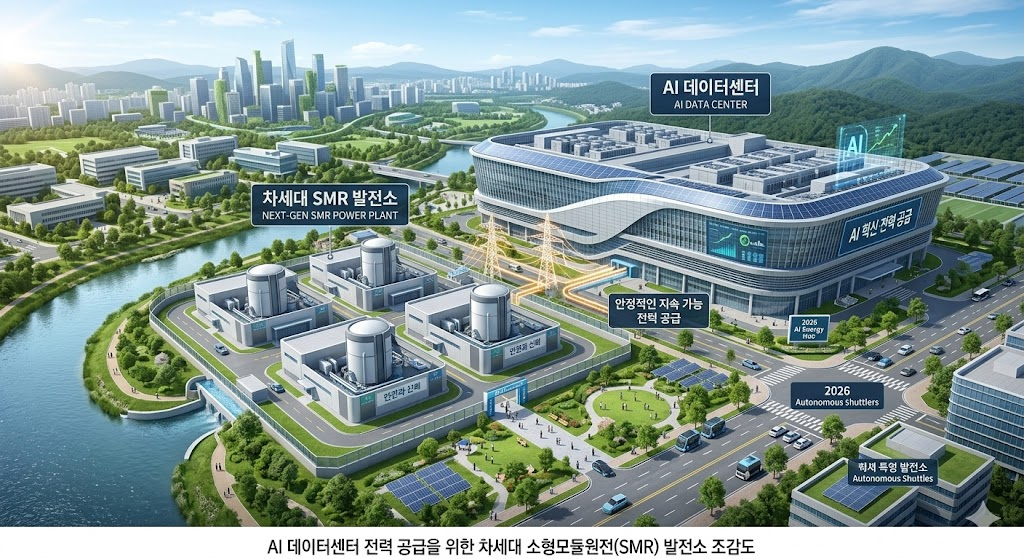 현대적인 AI 데이터센터 바로 옆에 배치된 소형모듈원전(SMR) 단지의 미래 지향적 조감도