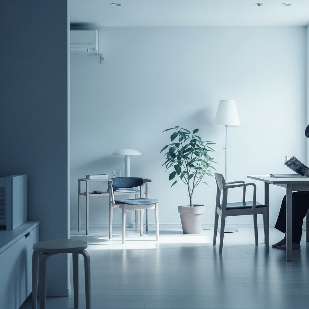 자연광이 들어오는 평화롭고 깔끔한 미니멀한 거실 풍경.