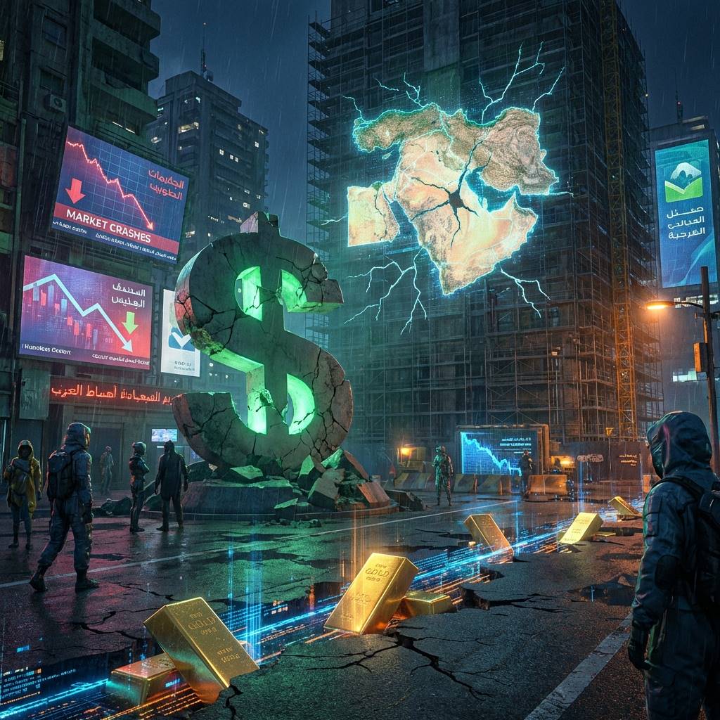중동 지도를 배경으로 깨진 달러 기호와 그 사이로 솟아오르는 금괴들, 사이버펑크 스타일의 경제 붕괴와 재건 이미지
