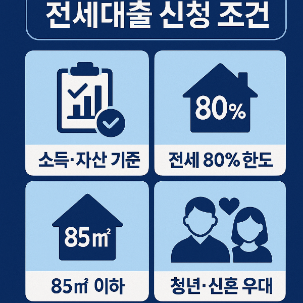 전세자금대출 신청 조건을 소득과 자산 기준, 전세금의 80% 한도, 전용면적 85㎡ 이하, 청년과 신혼부부 우대 내용으로 설명한 인포그래픽