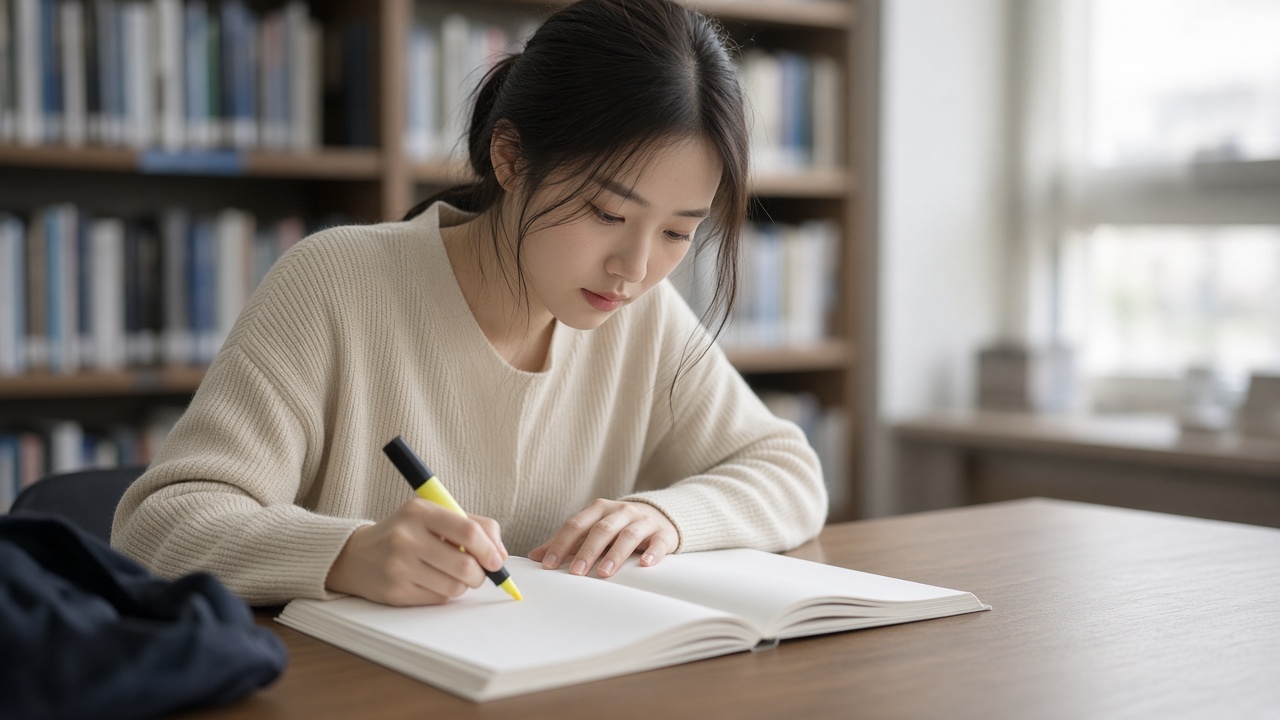 도서관에서 형광펜으로 요점을 정리하는 20대 한국인 여성 취업준비생