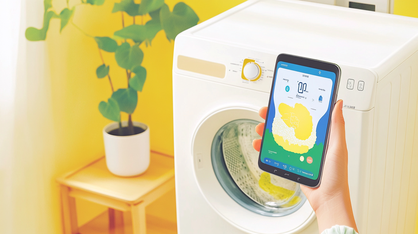스마트폰으로 실시간 세탁 상태를 제어할 수 있는 삼성 WF21D17CEEC 세탁기와 스마트홈 환경 모습입니다.
