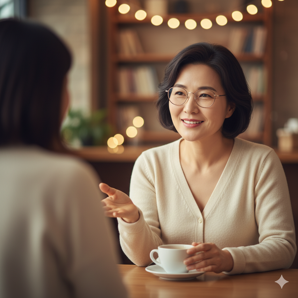 카페에서 누군가의 질문에 전문적이고 친절하게 답변해주고 있는 여성 컨설턴트