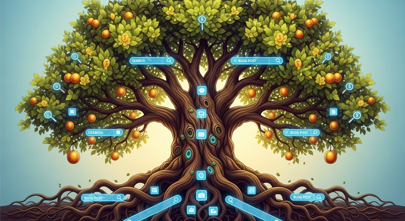 검색 엔진 최적화(SEO)와 제휴 마케팅을 통한 블로그의 장기적 안정성과 성장을 상징하는 튼튼한 나무.
