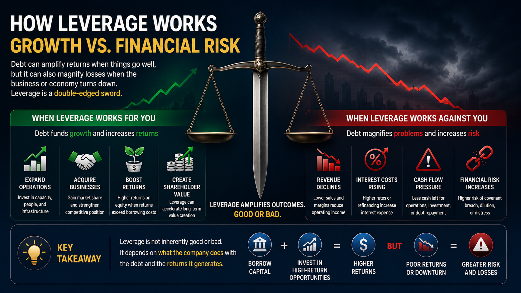 Financial leverage showing how debt can amplify business growth returns and financial risk