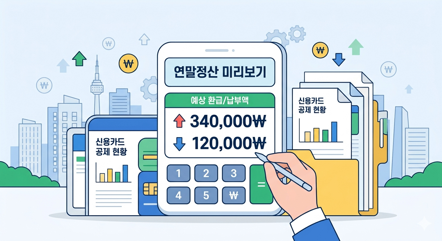 국세청 연말정산 미리보기 서비스 활용법 및 직장인 절세 꿀팁 계산기 일러스트