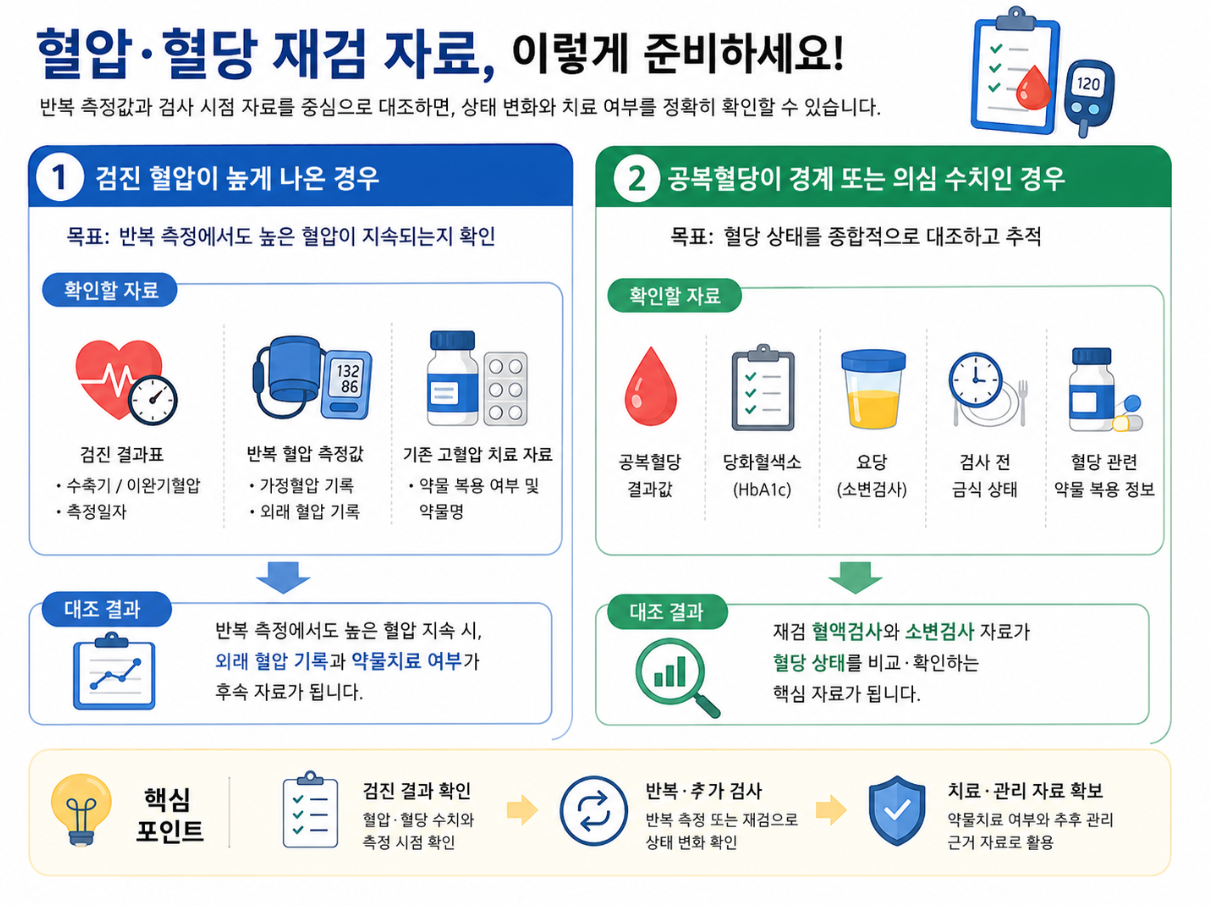 혈압과 혈당 재검 시 반복 측정값, 공복혈당, 당화혈색소, 요당, 약물 복용 정보를 확인하는 인포그래픽