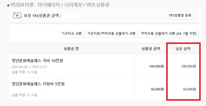 문화패스 금액 확인이 나와있음