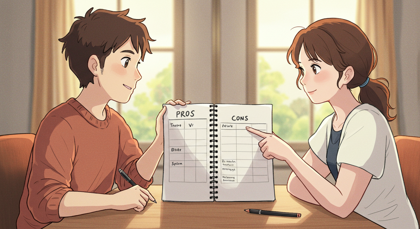 학생&middot;청년 암보험의 장단점을 토론하는 인물 일러스트