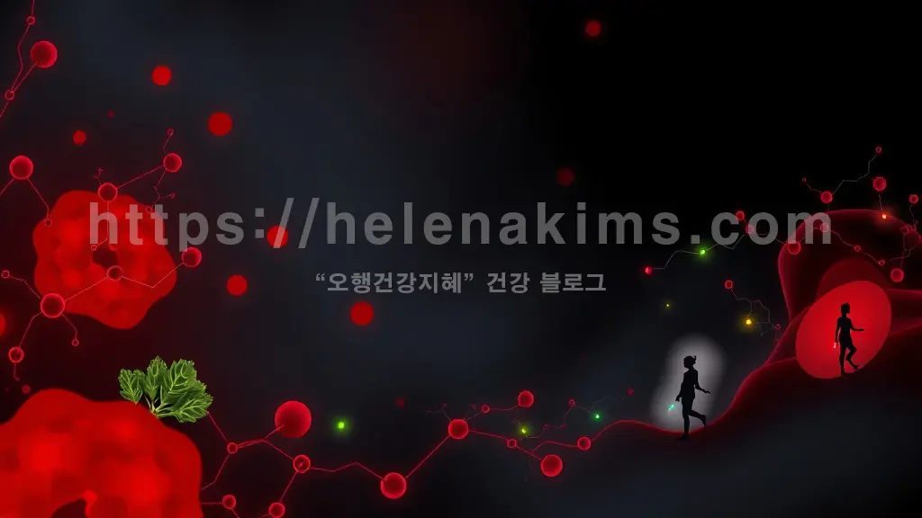 어둡고 신비로운 배경에 인체의 세포 구조를 연상시키는 추상적인 그래픽 붉고 희미하게 퍼져나가는 '만성 염증'을 상징하는 유기적인 형태, 신선한 녹색 채소, 활기차게 운동하는 사람 실루엣, 평화로운 명상 자세의 아이콘들의 이미지.