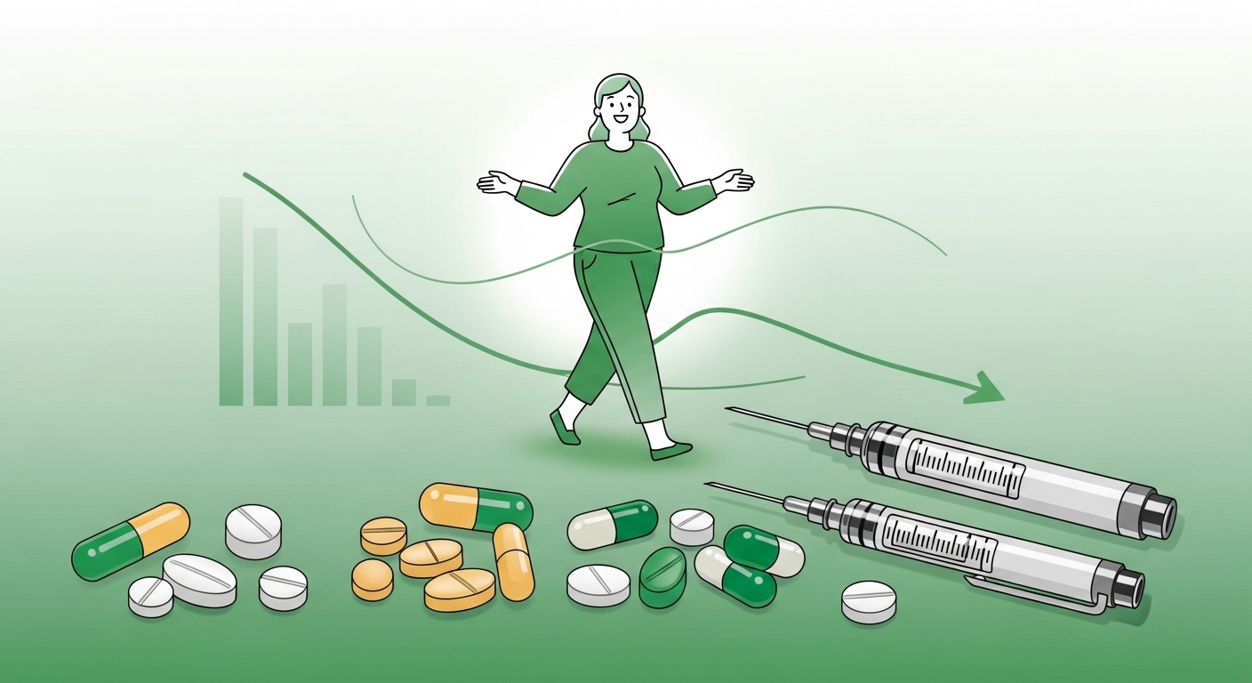 다양한 비만 치료제(약, 주사)가 놓여 있고, 환자들의 의료비 부담이 줄어들어 건강해지는 모습을 상징하는 이미지.