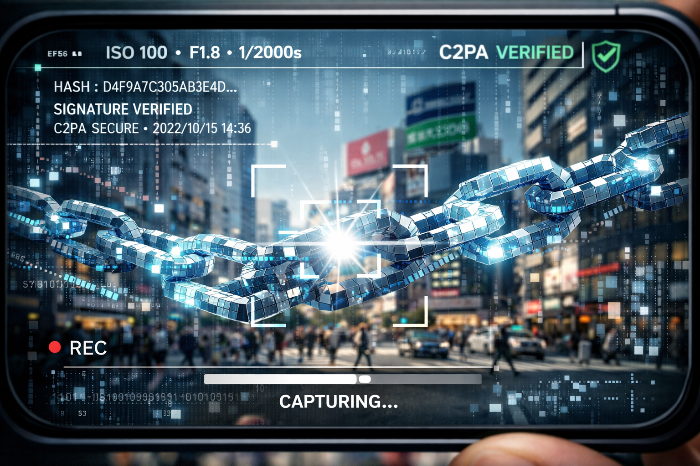 스마트폰 카메라 렌즈 위로 구현된 C2PA 암호화 서명과 데이터 블록