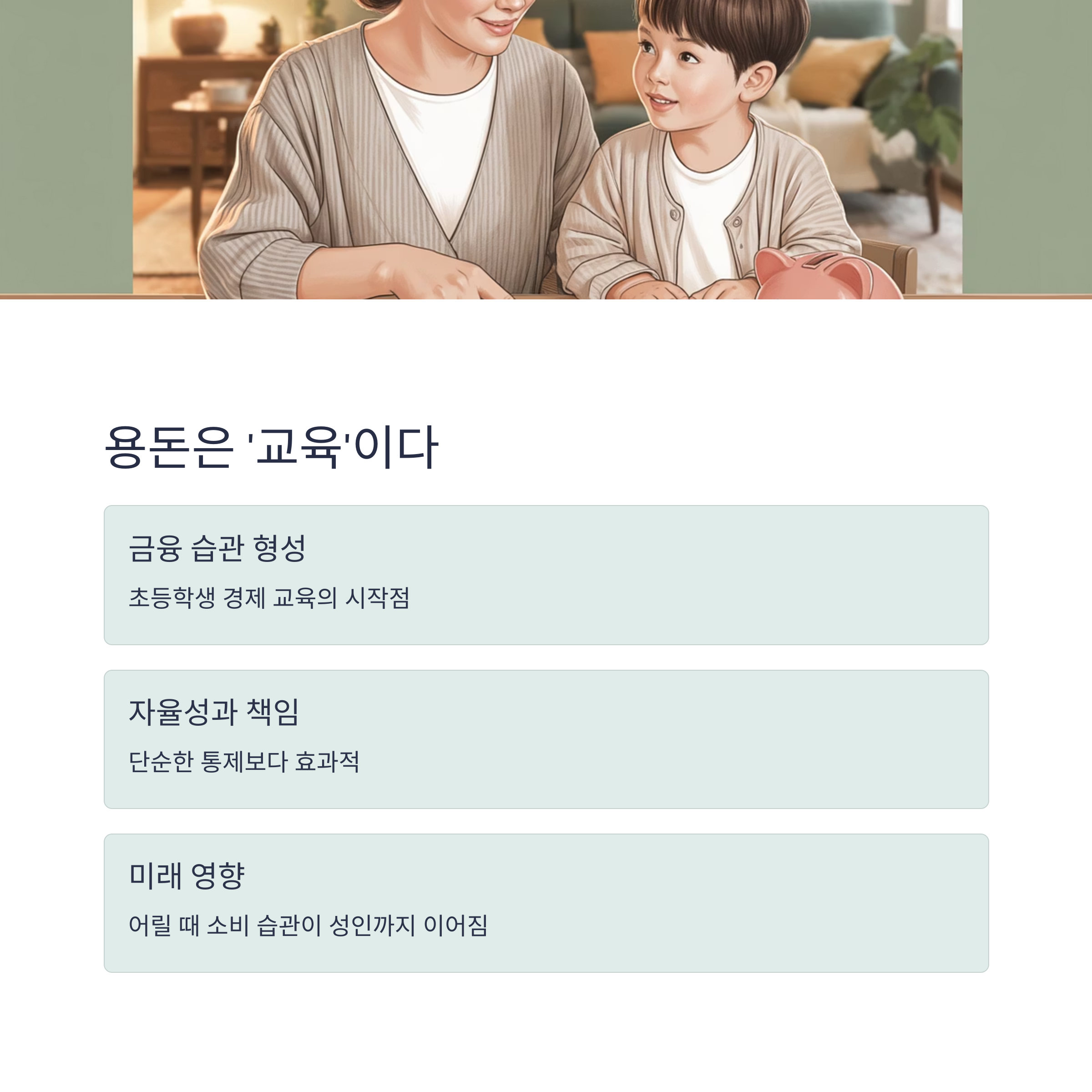 부모와 자녀가 함께 저금통 앞에서 이야기하며 용돈 교육을 실천하는 따뜻한 장면을 담은 이미지