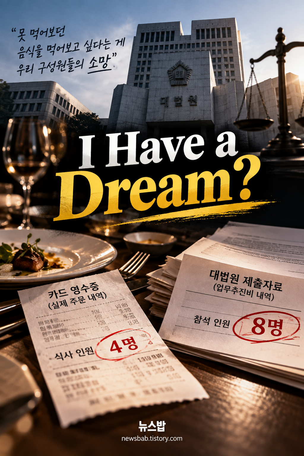 조희대 대법원장의 ‘못 먹어보던 음식이 소망’ 발언과 대법원 업무추진비 참석 인원 기록 논란을 표현한 이미지
