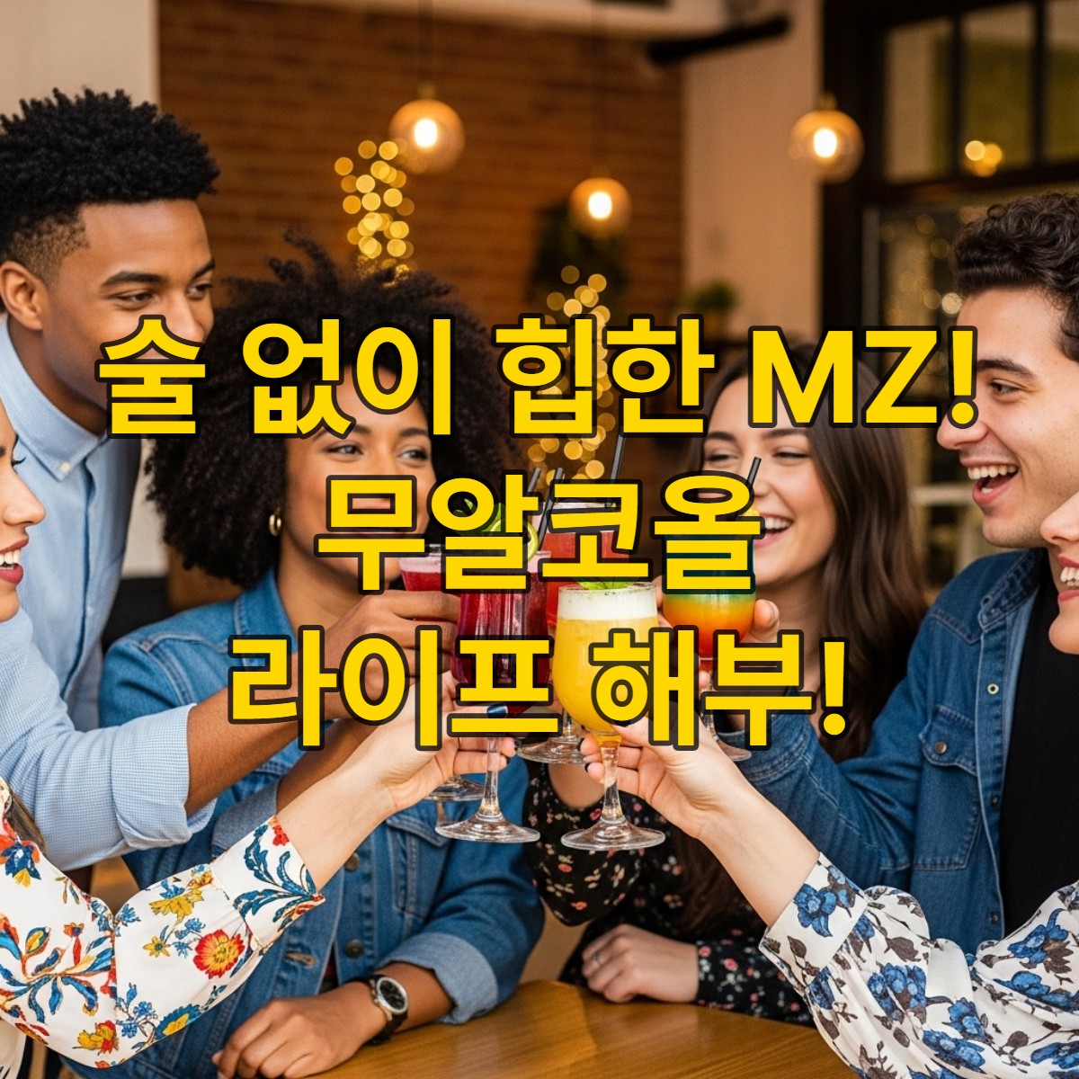 2026년 MZ세대가 무알코올 음료로 건배하며 즐겁게 소통하는 현대적인 바 풍경.
