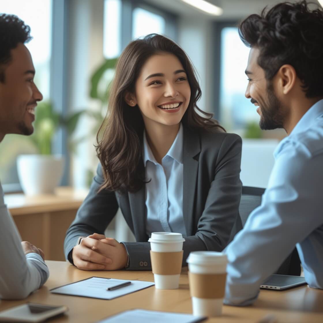 사회초년생인 여성이 직장동료와 웃으며 대화하고 있다