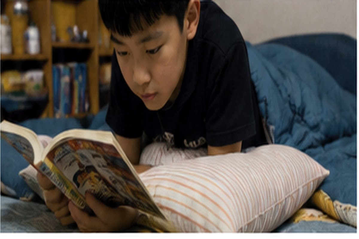 어린이가 침대에 엎드려 양손으로 만화책을 들고 집중해서 읽는 모습