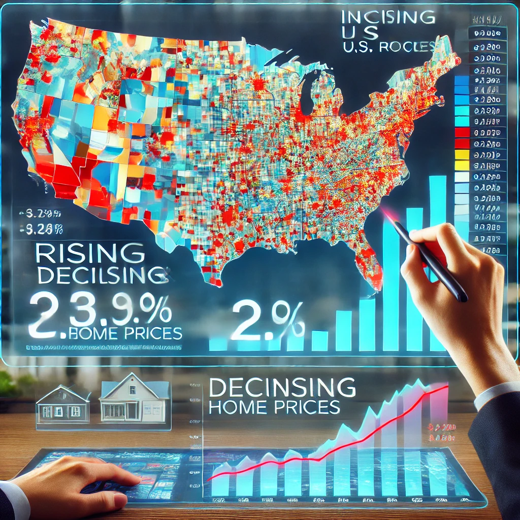 미국 부동산 시장 가격 변동 비교: 주택 가격 상승과 하락 지역을 분석하는 디지털 지도.