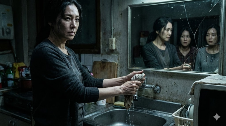 장영남 배우가 무표정하게 걸레를 짜거나, 거울을 통해 두 친구를 응시하는 서늘한 스틸컷