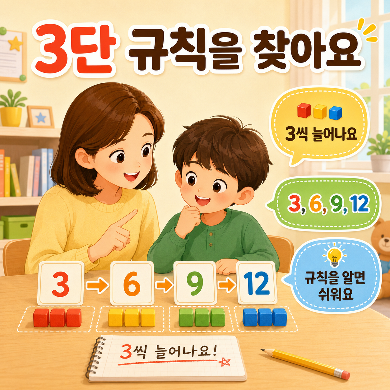 3단은 3씩 늘어나는 규칙부터 보면 쉬워요