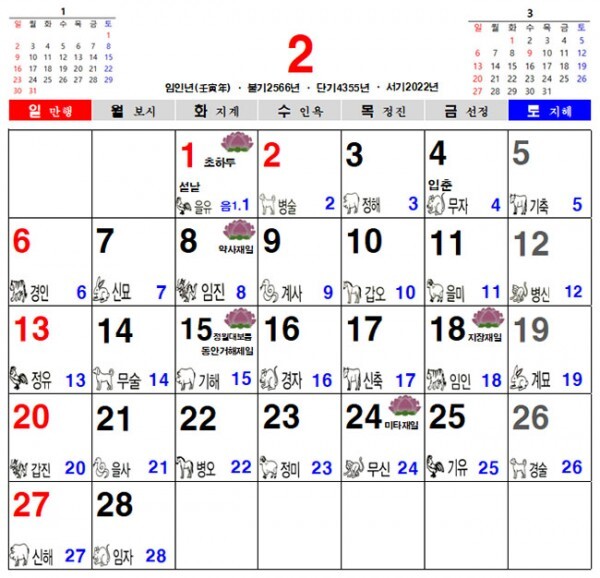2022년 2월 불교 달력, 일진 달력, 음력 달력