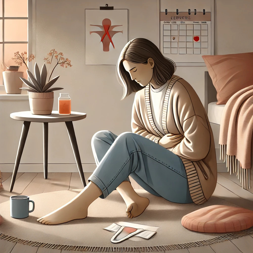 복부를 감싸 안은 채 통증을 겪는 여성이 조용한 공간에서 생리통과 스트레스를 이겨내고 있는 모습