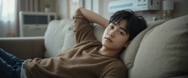 실내에서 담요를 덮고 따뜻한 차를 마시며 컨디션 회복을 시도하는 모습