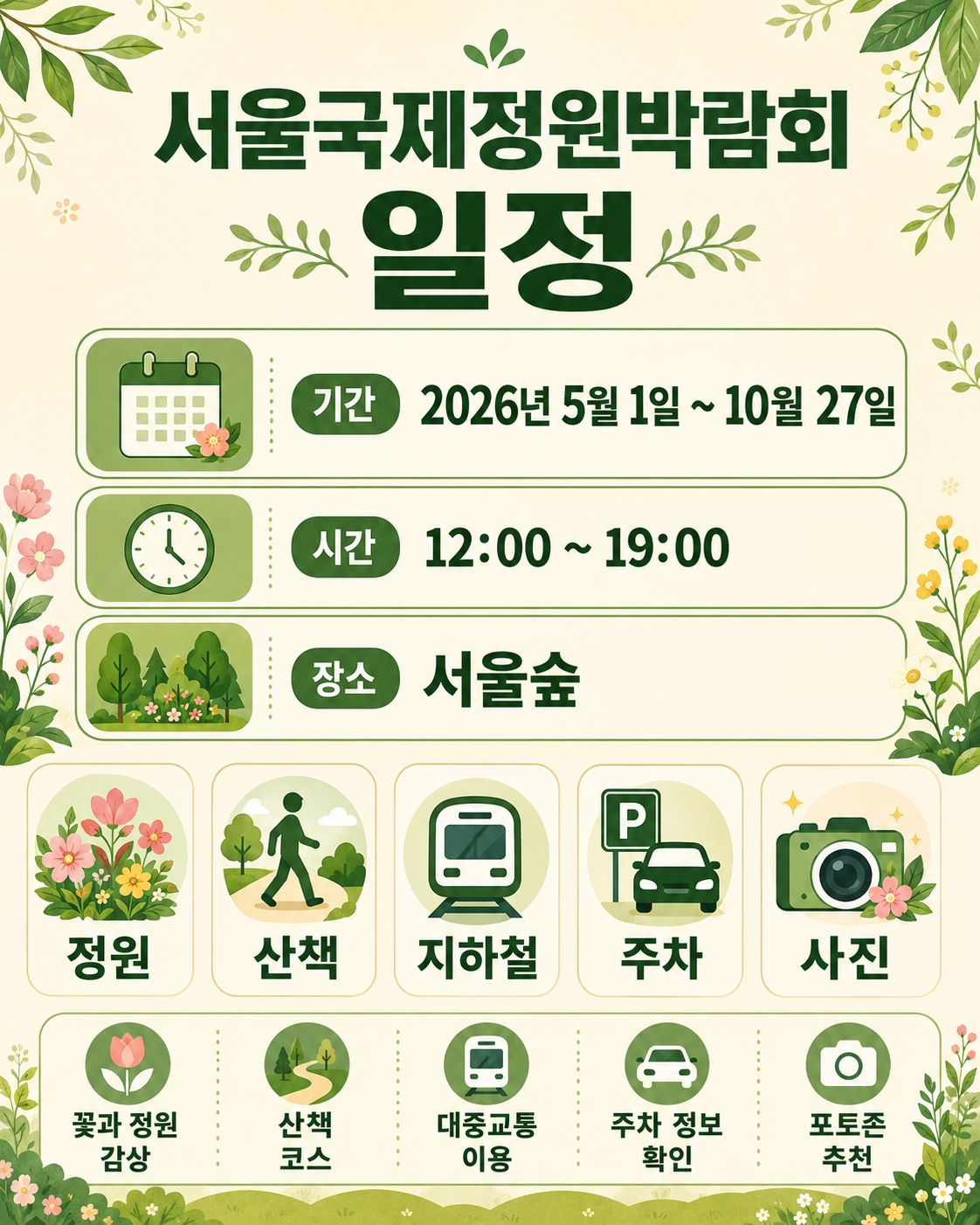 서울국제정원박람회 2026 일정 인포그래픽으로, 2026년 5월 1일부터 10월 27일까지의 기간, 운영 시간 12:00~19:00, 장소 서울숲 정보를 정원, 산책, 지하철, 주차, 사진 아이콘과 함께 초록색과 베이지색 디자인으로 정리한 이미지.