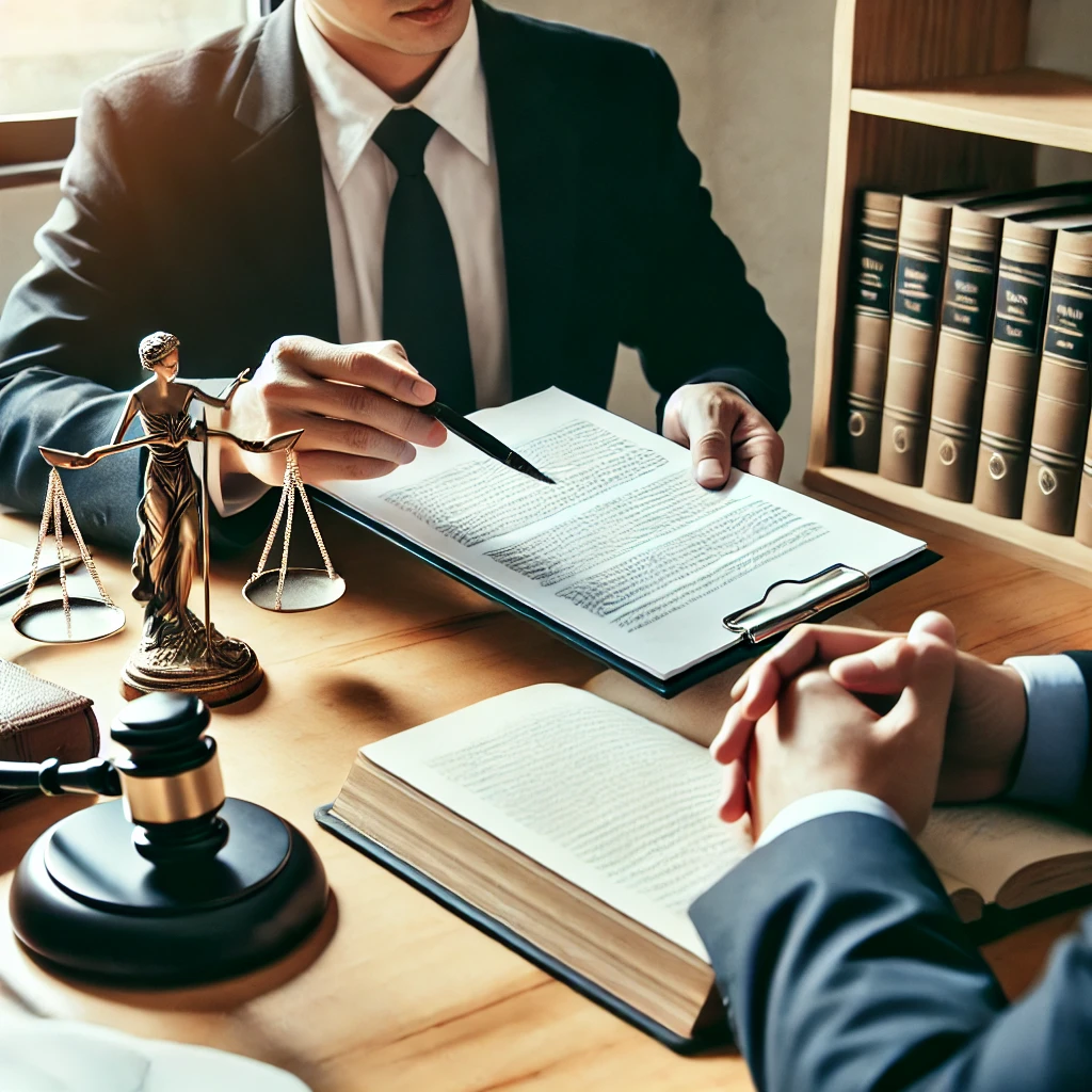 변호사가 법률 문서를 검토하며 상담 중인 장면
