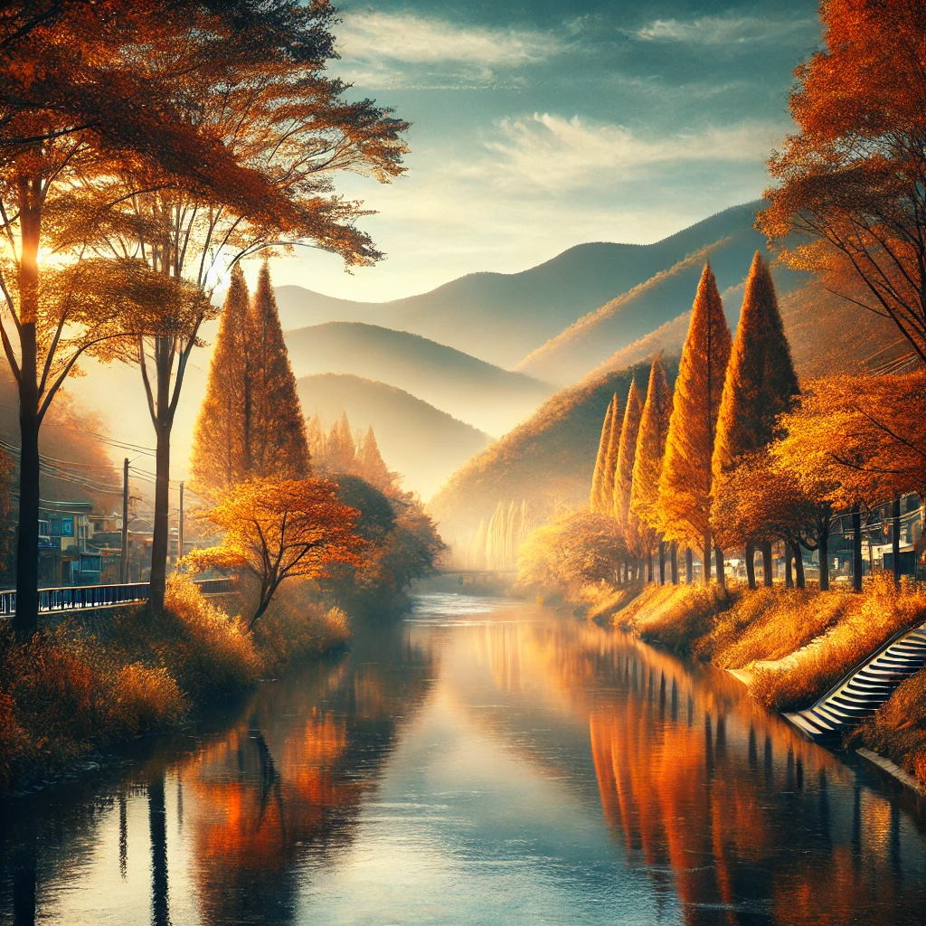 가운데 강이 흐르고 단풍이 든 나무들이 줄지어 있는 모습