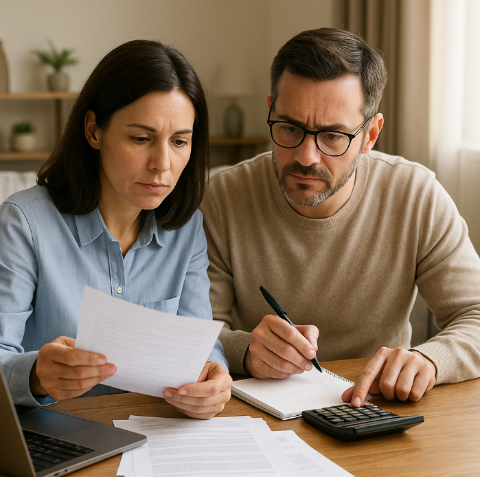 중년부부 재무 설계도를 보고있는 사진