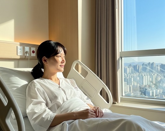 병실 침대에서 창밖을 바라보며 회복 중인 유방암 수술 환자